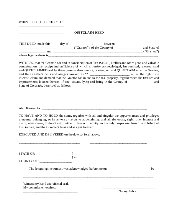 8 Sample Quit Claim Deed Forms Sample Templates