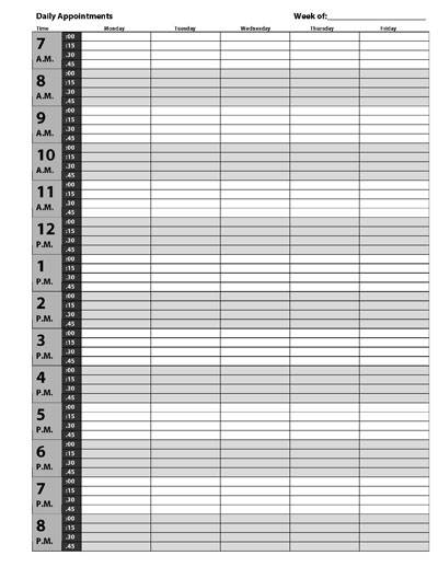 Appointment Schedule Template 15 Minute Increments Printable Schedule 