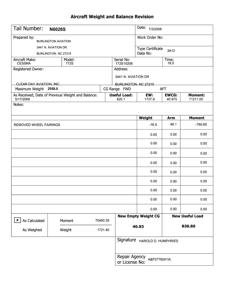 Blank Aircraft Weight And Balance Revision Form Fill Online 