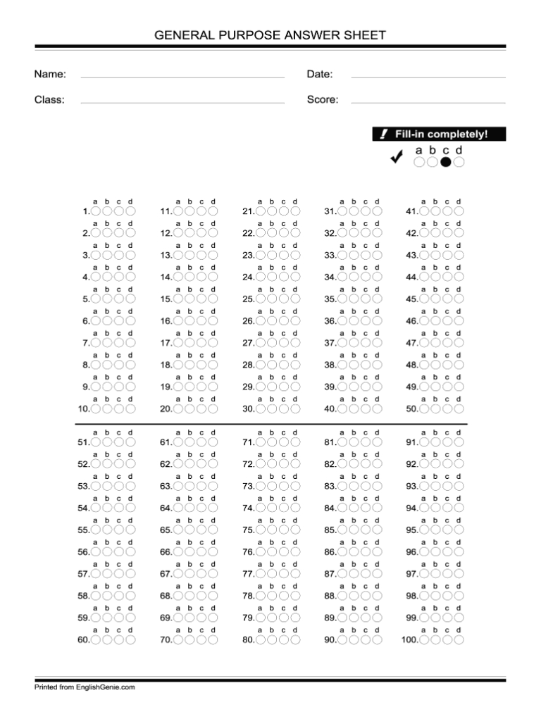 Bubble Answer Sheet 1 100 Fill Online Printable Fillable Pertaining 