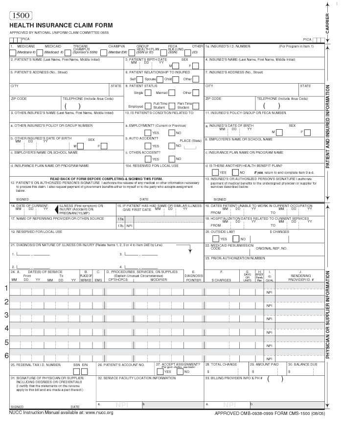 CMS 1500 Blank Paper Claim Form Students Health Student Health 