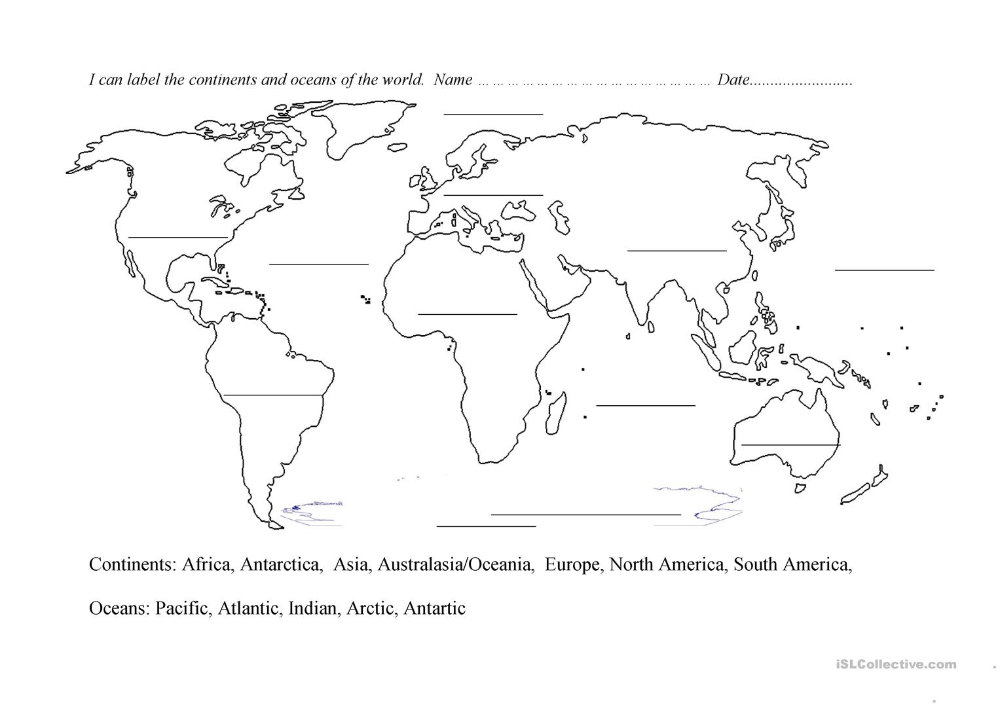 Continents And Oceans Blank Map English ESL Worksheets In 2020 