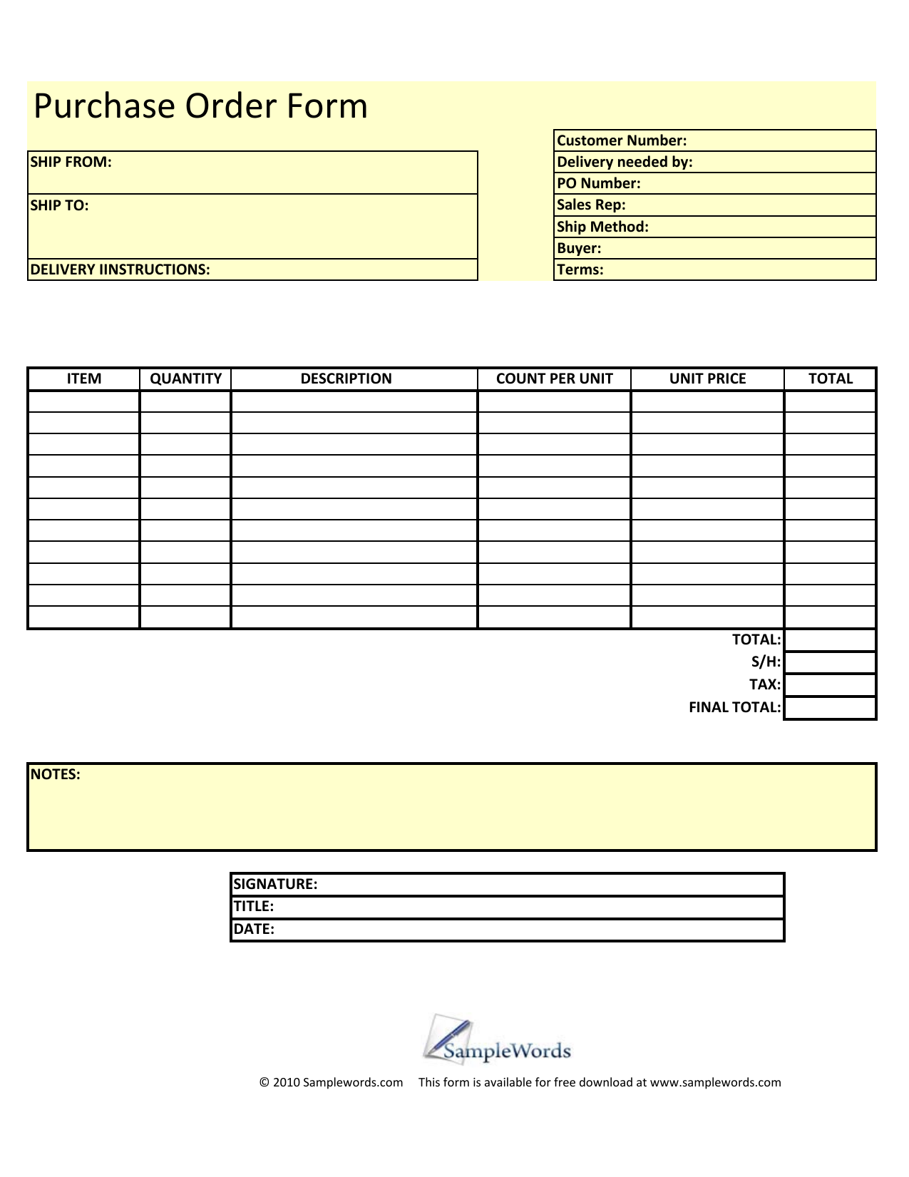 Download Blank Purchase Order Form Template Excel PDF RTF Word