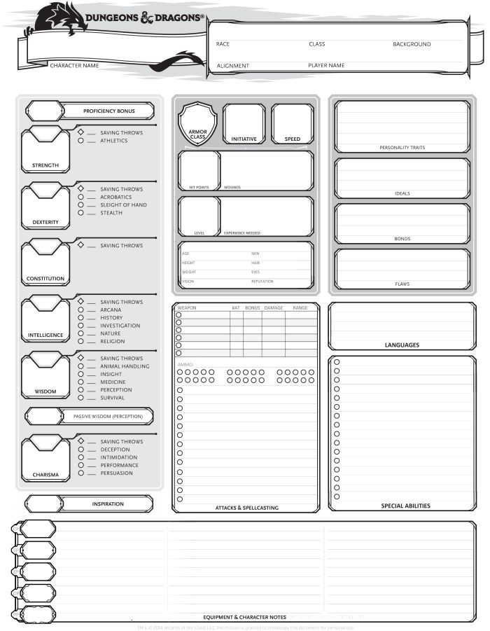 Dungeons Dragons 5th Edition Character Sheet Rpg Character Sheet 