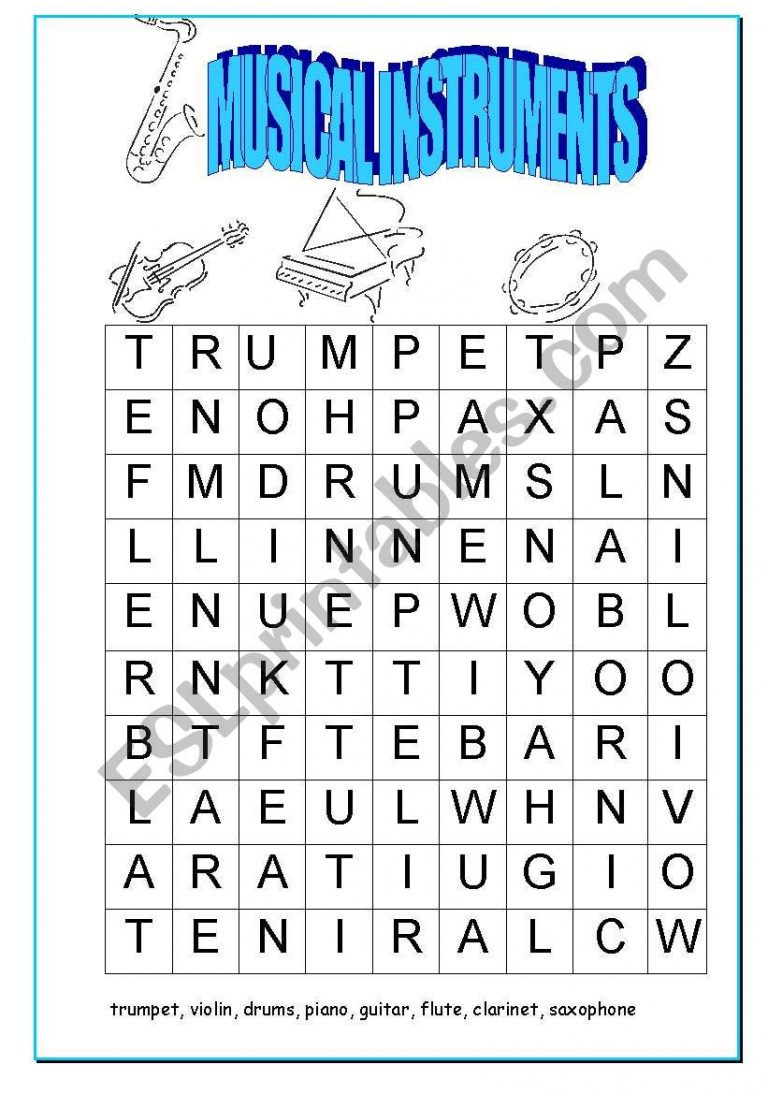 English Worksheets Musical Instruments Wordsearch Word Search Printable