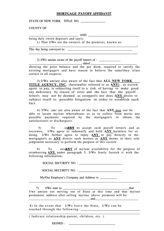 Fillable Mortgage Payoff Affidavit Form Printable Pdf Download