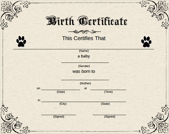 Fillable Printable Puppy Birth Certificate News Word