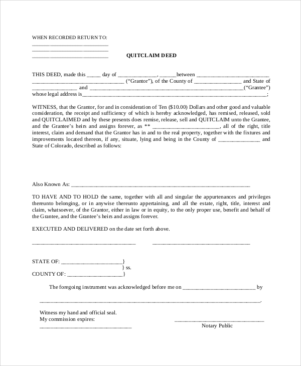 FREE 8 Sample Quit Claim Deed Forms In PDF MS Word