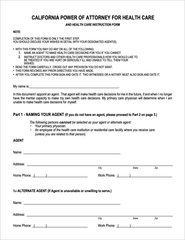 Free California Medical Power Of Attorney Form PDF WORD