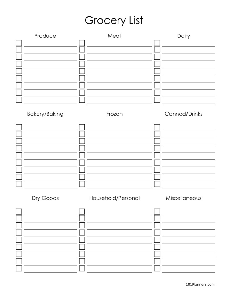 Grocery List Template Free Printable