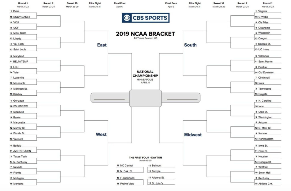 Printable Ncaa Tournament Bracket For March Madness 2019 For Blank 