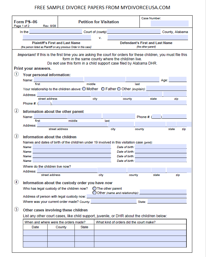 Printable Online Alabama Divorce Papers Instructions