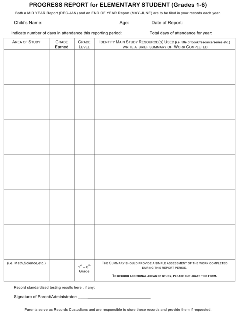 Progress Report For Elementary Student Template Grades 1 6 Download 