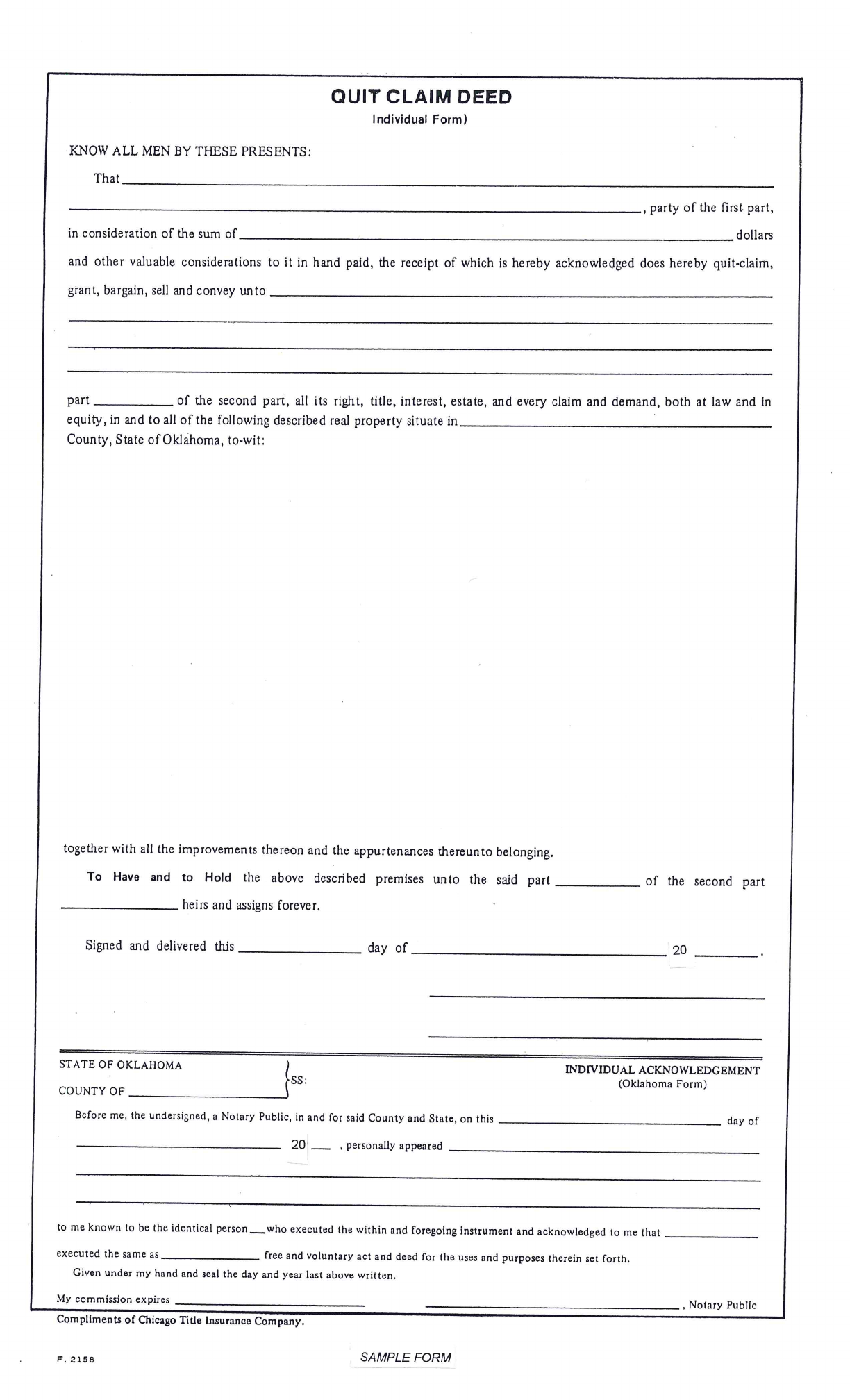 Quit Claim Deed Individual Form Oklahoma Free Download