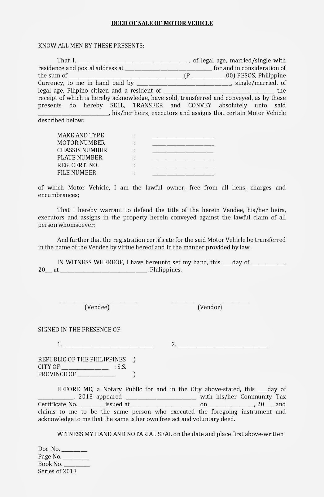 Sale Deed For Car Free Printable Documents