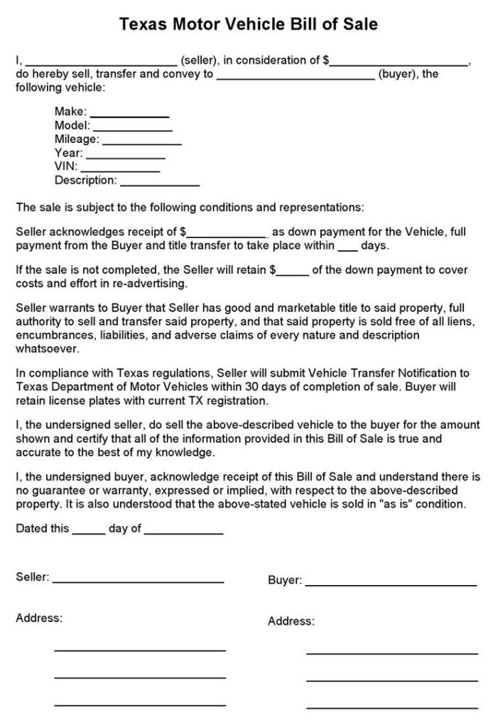 Texas Motor Vehicle Bill Of Sale Form Download The Free Printable Basic 