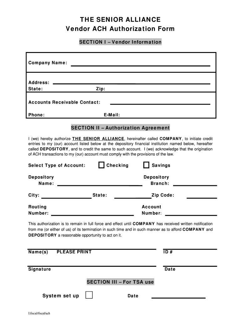 Vendor Ach Authorization Form Template Fill Online Printable