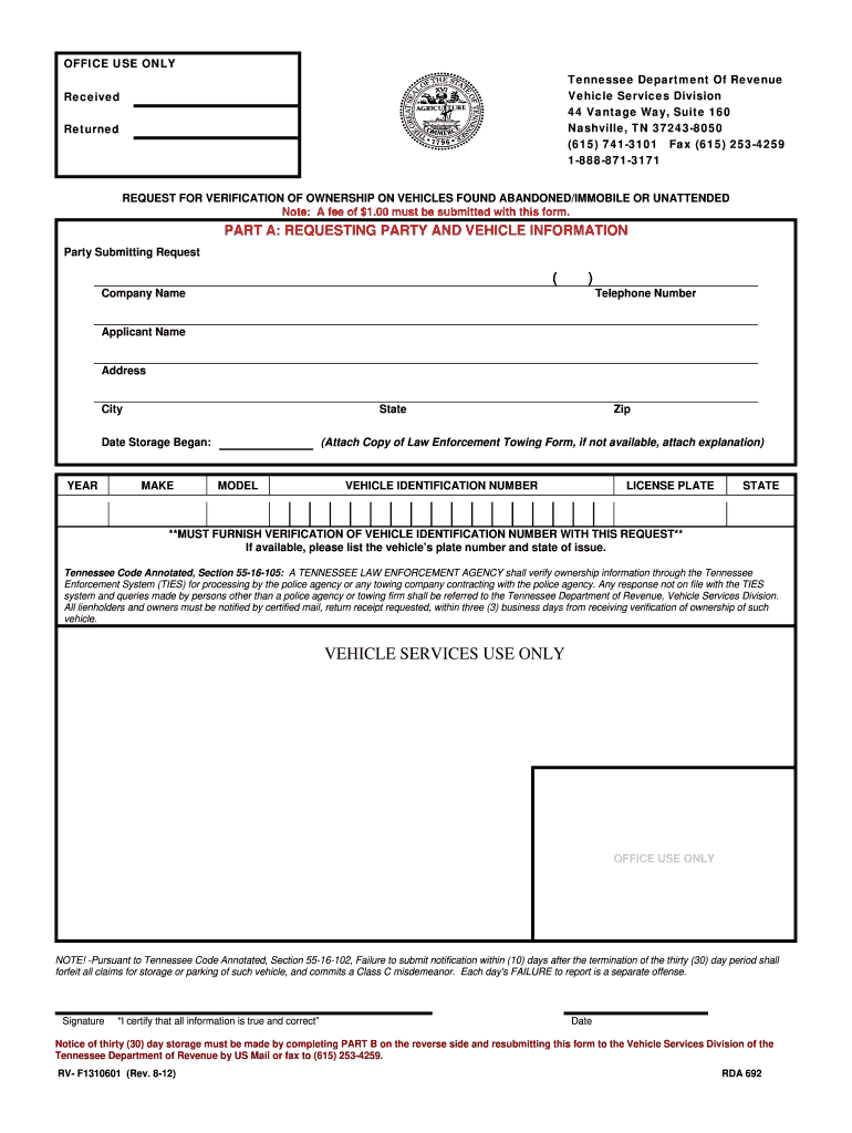2012 Form TN RV F1310601 Fill Online Printable Fillable Blank 