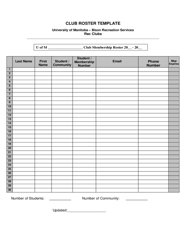 2022 Roster Template Fillable Printable PDF Forms Handypdf