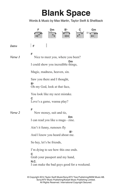 Blank Space Sheet Music By Taylor Swift Lyrics Chords 122243 