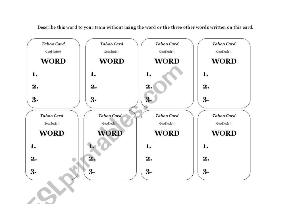 English Worksheets TABOO CARDS TEMPLATES