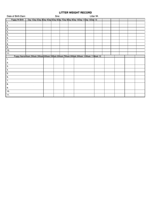 Litter Weight Record Puppies Blank Printable Pdf Download